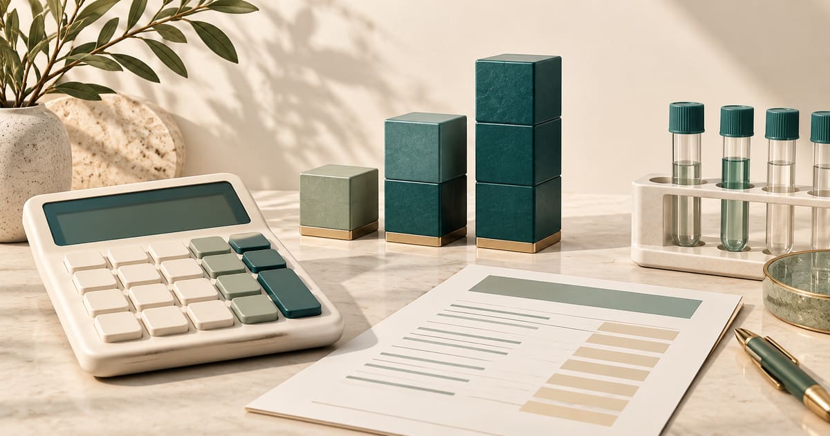 Illustration conceptuelle : une calculatrice, un devis et des blocs représentant le budget d’un logiciel de laboratoire.