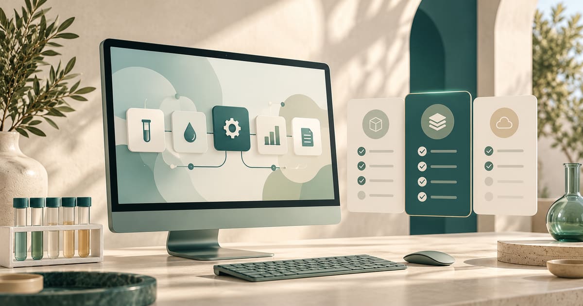 Illustration conceptuelle : un écran de gestion de laboratoire et trois cartes de comparaison de logiciels.