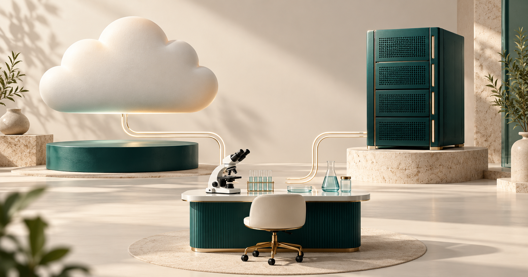 Illustration conceptuelle : un nuage et un serveur local reliés à un poste de laboratoire.